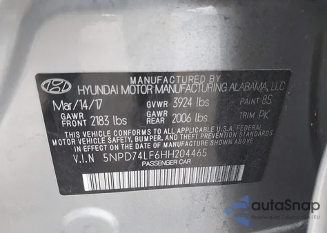 2017 Hyundai Elantra Se from USA, damaged, VIN 5NPD74LF6HH204465